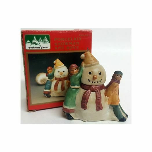 Enchanted Forest Porcelain Snowman And Boys Figurine Ornament