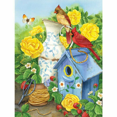Bits And Pieces 300 Large Piece Puzzle - Cardinals and Yellow Roses