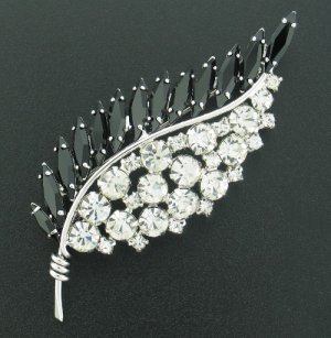 Artistic Black and Clear Rhinestone Leaf Brooch BRO2018