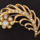 Gold Tone Feather and Flower Brooch with Aurora Borealis Accents BRO2055