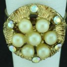 Floral Motif Retro Gold Tone, Faux Pearl and Rhinestone Costume Ring Rin2009