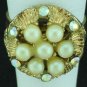 Floral Motif Retro Gold Tone, Faux Pearl and Rhinestone Costume Ring Rin2009