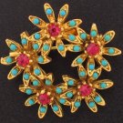 Faux Turquoise and Dark Pink Rhinestone Vintage Brooch Bro2057