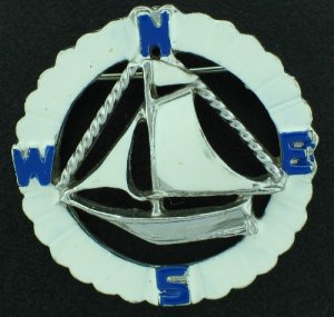 Coro Nautical Style Ship Inside the Compass in Enameled Blue and White Bro2147