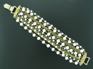 Coro Wide multi Strand White Bead and Chain Bracelet Bra2012