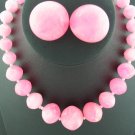 Pink Marble Lucite Long Single Strand Necklace and Button Style Earrings Set2002