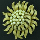 Trifari Brushed Gold Tone Sunflower Brooch with Faux Pearls