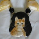 Artisan Marbled Plastic and French Jet with Hand Painted Kitten Nec2093