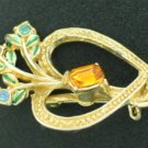 Heart and Flower Brooch with Emerald Cut Topaz Rhinestone Bro2177
