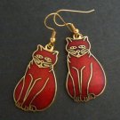 Cloisonne  Enamel Kitty Cat Dangle Earrings - Cranberry Red