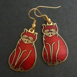 Cloisonne  Enamel Kitty Cat Dangle Earrings - Cranberry Red