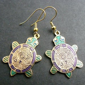 Cloisonne Enamel Turtle Earrings - Green & Purple (EC-EAR703)