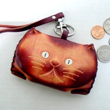Leather Kitty Cat Coin Change Purse - Tan (EC-CHG101)