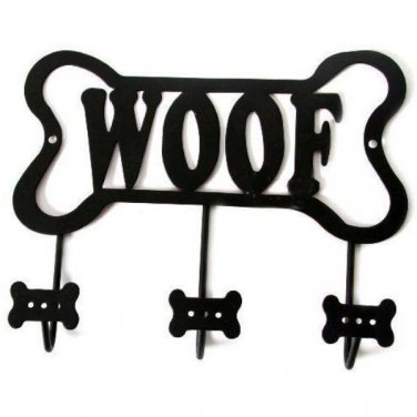 Black Metal Dog Bone Woof Leash Holder Wall Rack