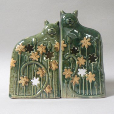 Green Ceramic Kitty Cats Candle Holders
