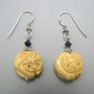 Round Carved Bone Cat Dangle Earrings