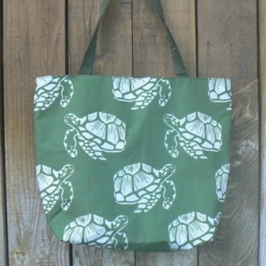Large Nylon Green & White Sea Turtles Tote for Beach, Baby Diaper Bag or Shopping