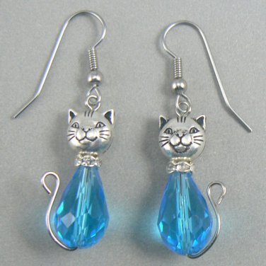 Cat Glass Tear Drop Dangle Earrings Birthstosne Color - Aqua (EC-EAR101)