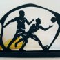 Scrambling For the Ball on the Basketball Court Wood Silhouette