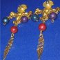 GOLD TONE Long Dangly Goth Cross Jewelled Earrings Vintage Fashion Jewelry Jewellery