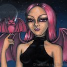 Batty and Matt Big Eyed Demon Fairy Girl with Pink Pet Bat Gothic Fantasy Art Print