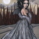 Desolate Melody Big Eyed Demon Girl Striped Gown Silver Fur Boa Surrealism Fantasy Art Print