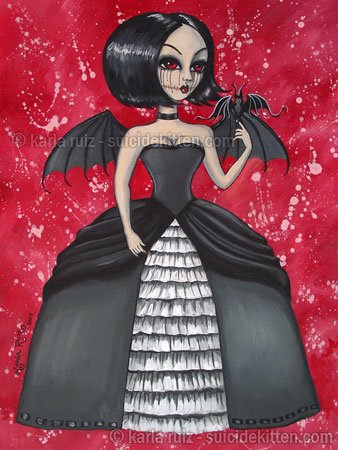 Raven Elegant Gothic Lolita Dark Angel Demon Girl Black White Gown Pet Bat Fantasy Art Print