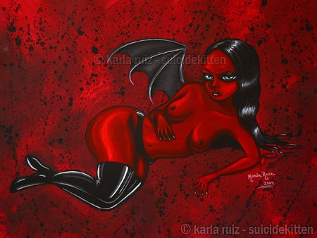 Sanguine Demon Girl Sexy Gothic Demon in Black Vinyl Bat Wings Blood Red Fantasy Art Print