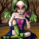 Colorful Autumn Big Eyed Demon Pixie Girl with Bat Wings and Pet Creature Gothic Fantasy Art Print