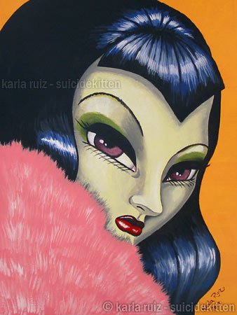 Zombie Girl Big Eyed Pinup Rockabilly Gothic Girl with Pink Fur Boa Art Print