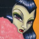 Zombie Girl Big Eyed Pinup Rockabilly Gothic Girl with Pink Fur Boa Art Print