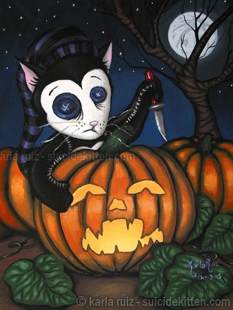 Squinty Carving Pumpkins Midnight Rag Doll Black Cat Halloween Pumpkin Jack o Lantern Goth Art Print