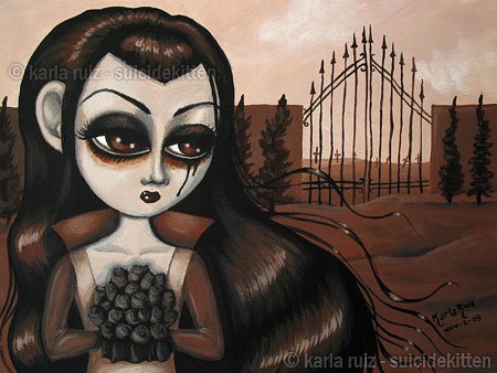 Sepia Cemetery Dream Girl With Rose Bouquet Mourning Huge Eyes Goth Gothic Art Print
