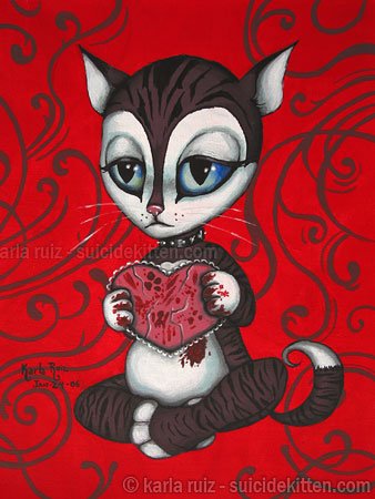 Lonely Valentine Morose Valentine's Day Cat Bloody Heart Black Studded Chocker Gothic Art Print
