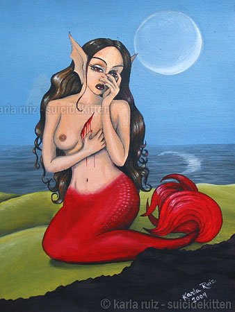 Blood Red Mermaid Mexican Folk La Sirena Creepy Mermaid Girl Horror Surrealism Art Print