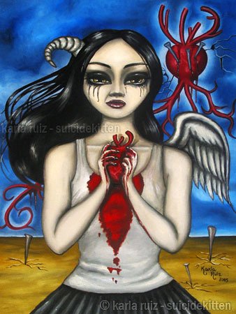 The Longing Goth Gothic Horror Gore Big Eyed Demon Angel Girl Blood Heart Surrealism Art Print