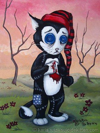 Murky the Cat Distressed Black White Creepy Horror Rag Doll Cat Striped Hat Surrealist Art Print