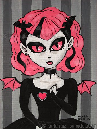 Maiden Melani Gothic Lolita Girl Cat Eyes Pink Bat Wings with Black Gown Pink Heart Gothic Art Print