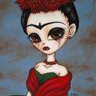 Portrait of Frida Big Eyed Frida Kahlo Traditional Green and Red Dress Flowers Gothic Goth Art Print