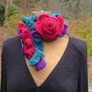 Handmade 3 tiered ruffled scarflette in rich red, purple and teal