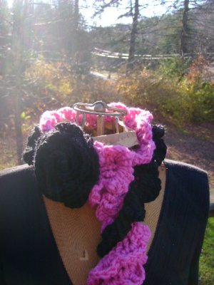 3 tiered handmade ruffled scarflette in raspberry and black with rose