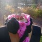 3 tiered handmade ruffled scarflette in raspberry and black with rose