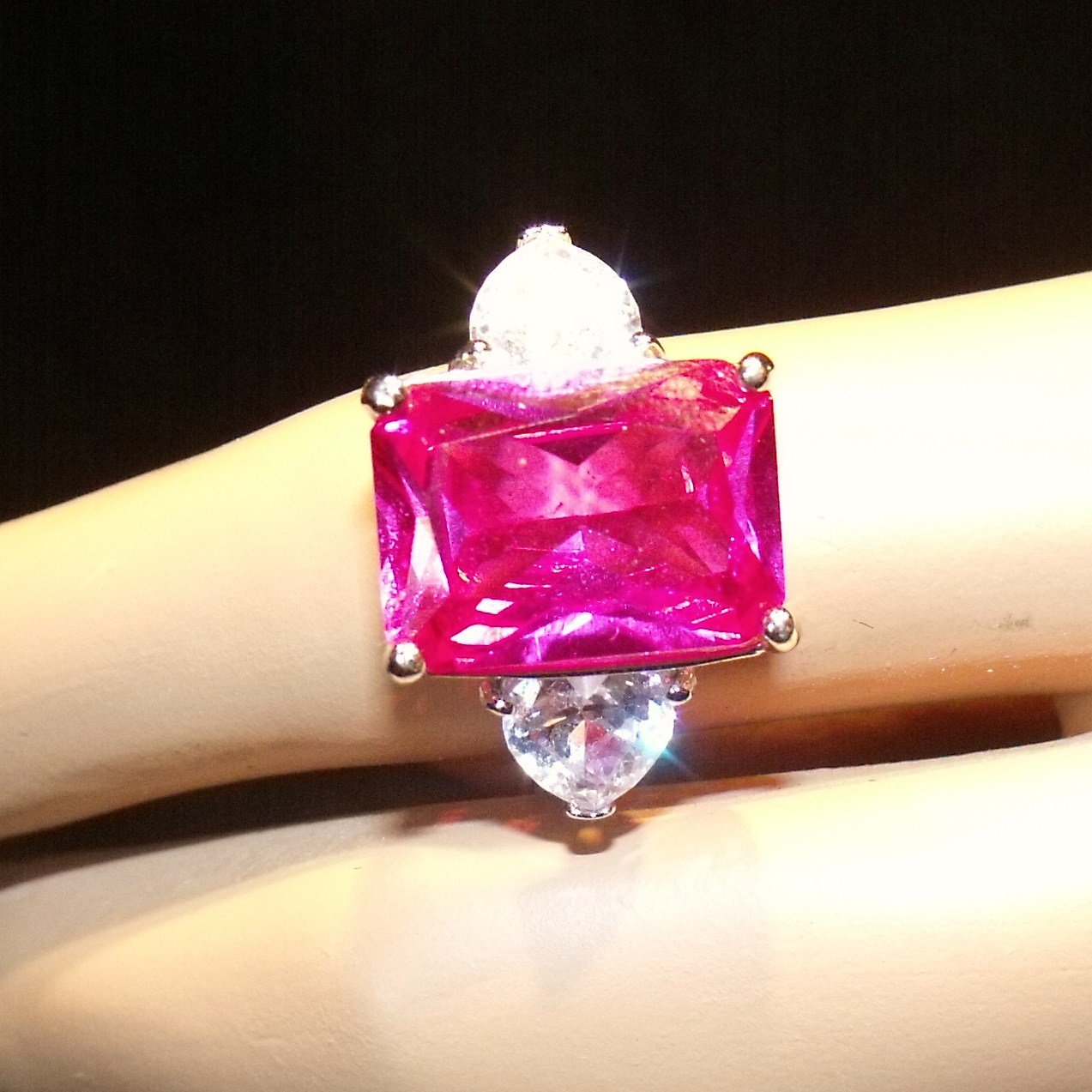 Sterling Ring Emerald Shape Pink Stone Clear Hearts 925 Designer Signed