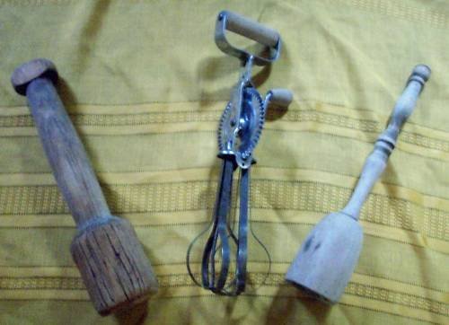 2 Wooden Pestles and Metal Hand Mixer w/ Wooden Handles