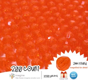 200 Gorgeous Orange #2 Colored Acrylic / Plastic Faceted Beads 2mm Round Facet Style Loose Bead Lot