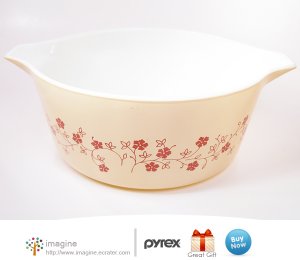 Vintage PYREX 2.5 quart Cinderella Round Casserole Mixing Bowl Tan Trailing Flowers Rare Pattern