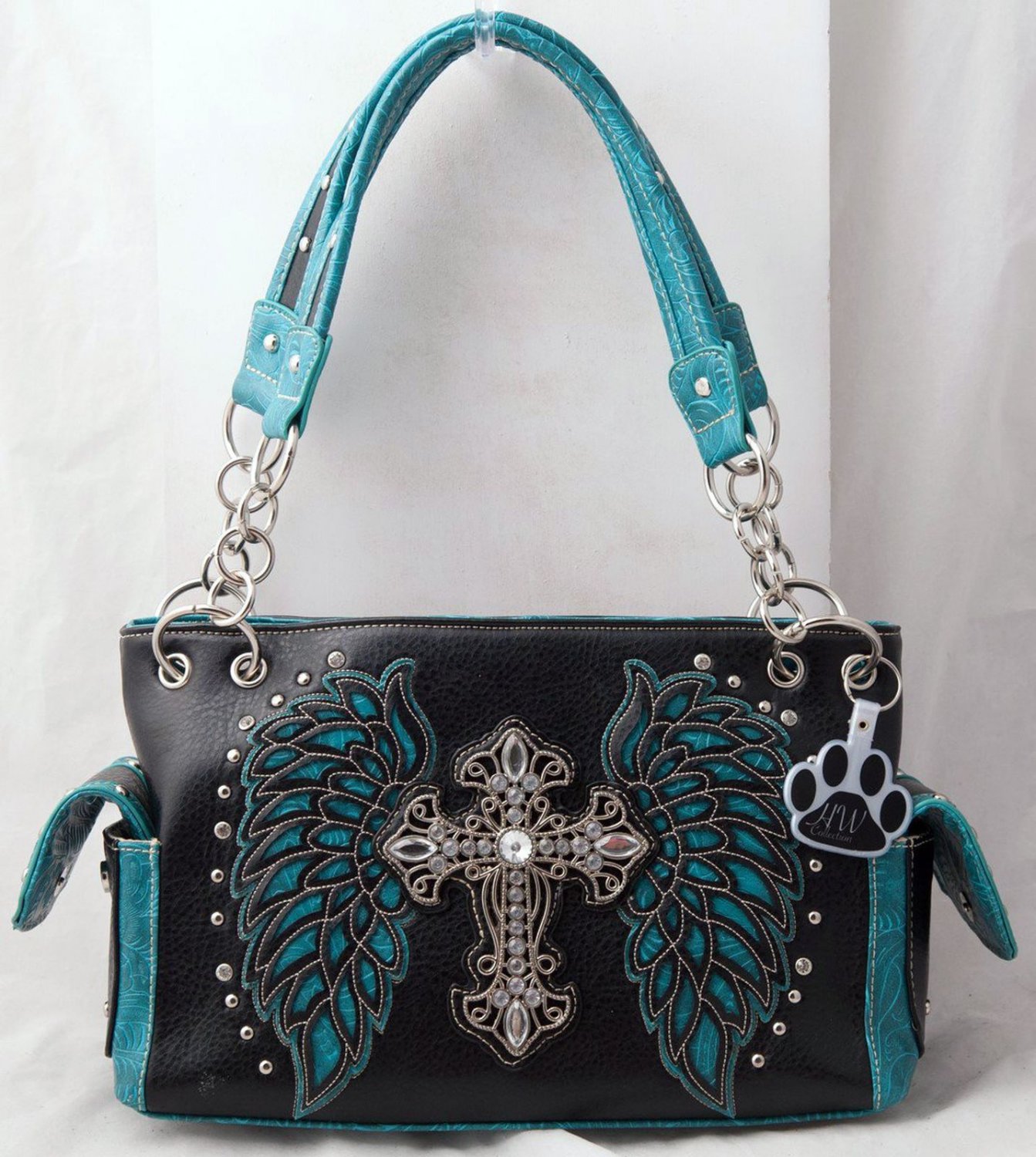 Faux Leather Crossbody Bag w/ Rhinestone Angel Wings