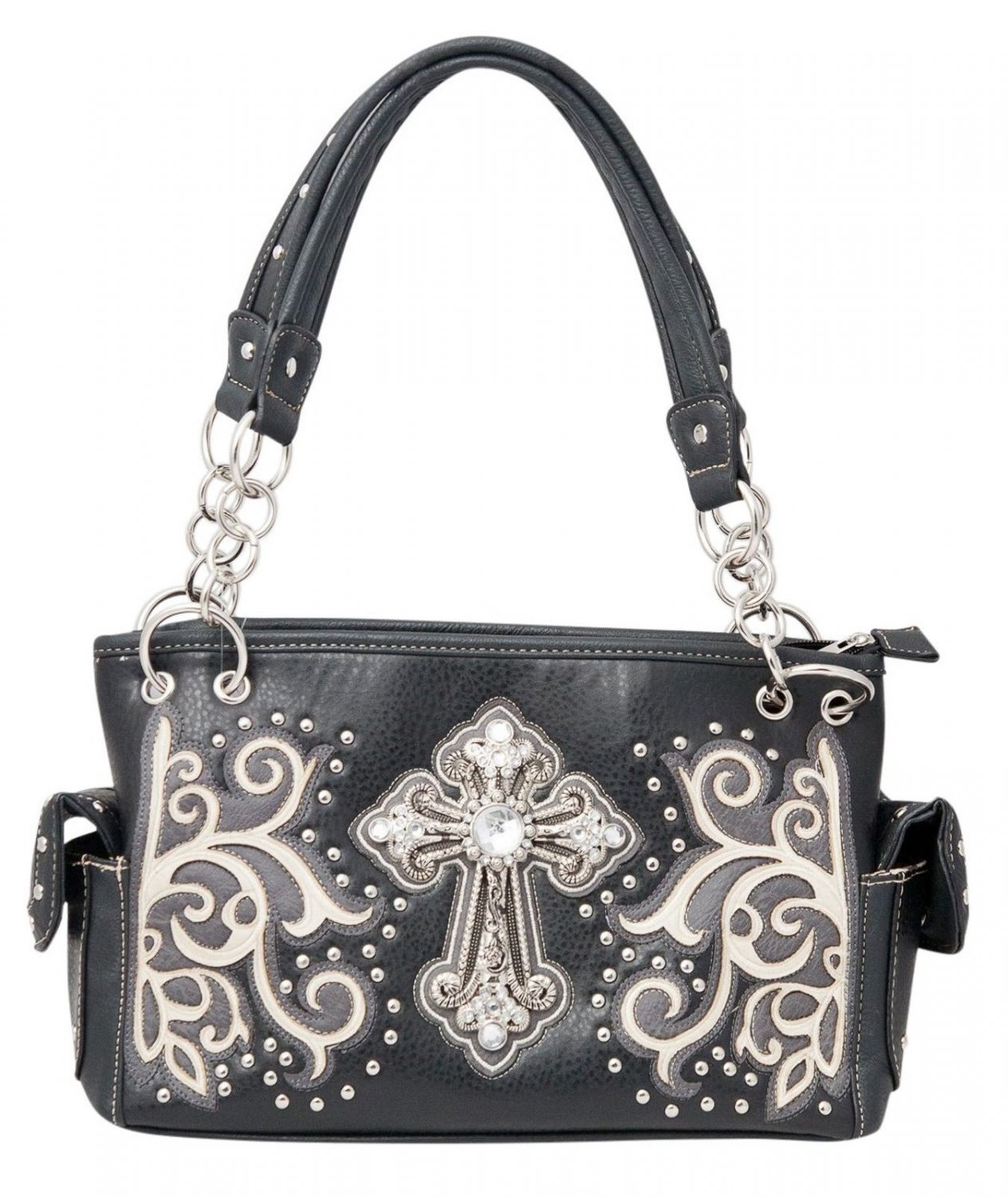 Western Large Rhinestone Cross Purse Carry Concealed Handbag Women Bag Black 