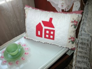 Decorative Handcrafted Cottage Style Pillow, Schoolhouse Quilt Design
