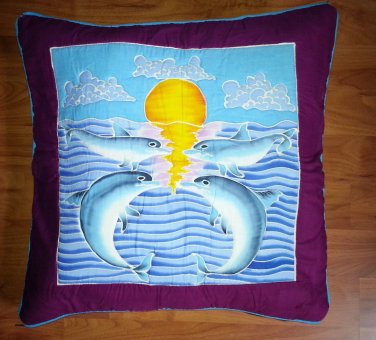 New Handpainted Batik Tropical Dolphins Sun 23X23 Inch Cotton Pillow Cover Bali